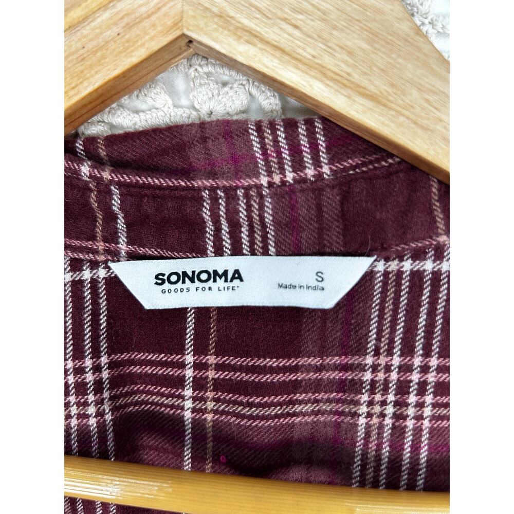 SONOMA Burgundy Wine Plaid Upcycled Butterfly Flannel Shirt Size Small - Picture 6 of 11